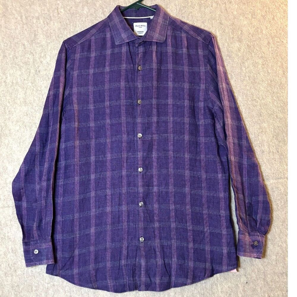 Murano Baird McNutt Linen Shirt Mens M Purple Plaid Slim Fit